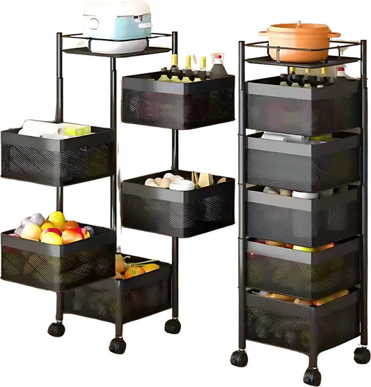 Livista Keukentrolley vierhoek - 5 laags - Keukentrolley voor groente en fruit - Keukenrek op wielen - Opbergkast met manden - Carbon staal - 29 x 29 x 90 cm (LxBxH) - Zwart