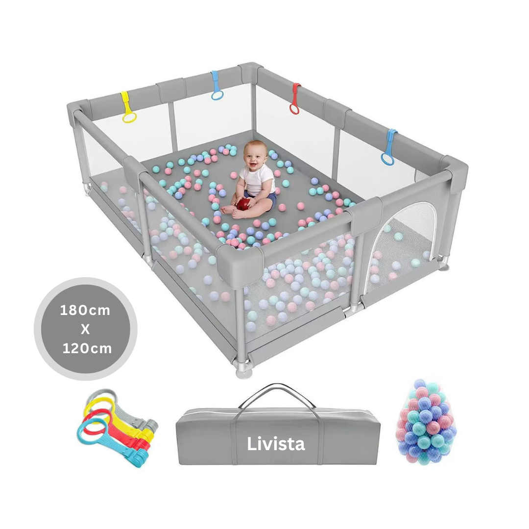 Livista Grondbox - Speelbox - Baby boxen - Kruipbox voor Baby - Playpen - Kinderbox - Met 4 optrek-handringen + 60 speelballen - Met trekring - 120 x 180 x 65cm - Grijs