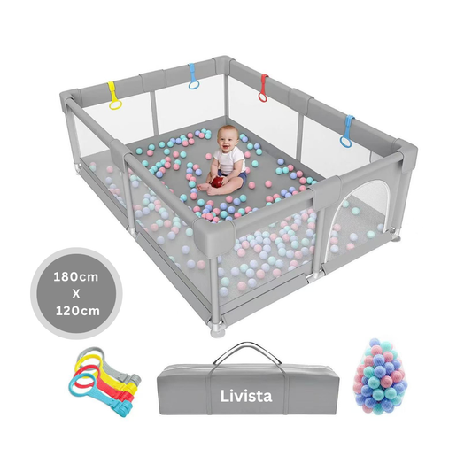 Livista Grondbox - Speelbox - Baby boxen - Kruipbox voor Baby - Playpen - Kinderbox - Met 4 optrek-handringen + 60 speelballen - Met trekring - 120 x 180 x 65cm - Grijs