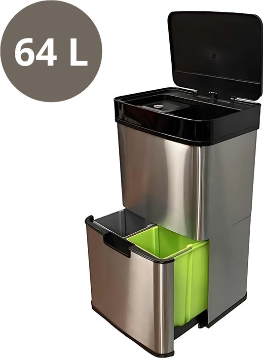 Livista Automatische Sensor Prullenbak 64 Liter – Afvalemmer keuken – Afvalbak afvalscheiding – Handsfree sensor – Vocht bestendig – Afsluitrand – RVS – Zilver