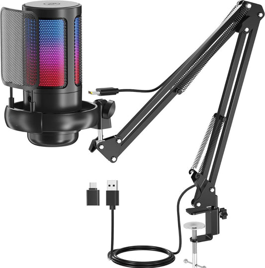 Truskore Microfoon met arm - USB - gaming - RGB Condensatormicrofoon - met Mute-Knop, Popfilter, Microfoonarm - Luxe microfoon
