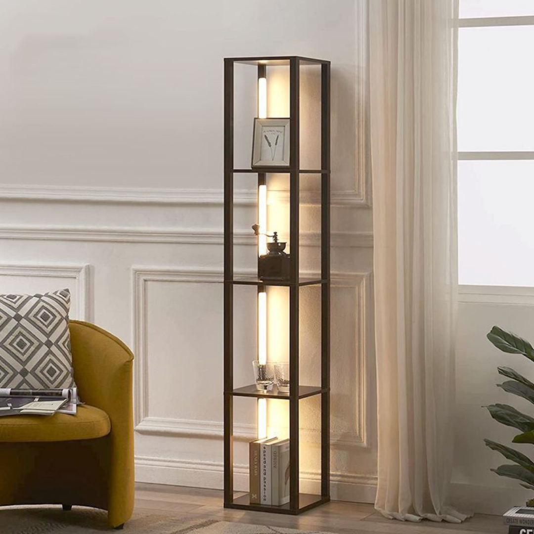 Livista® Staande Lamp – Dimbare LED Verlichting – Met Voetschakelaar – 4 Open Planken – Modern & Functioneel – 163 cm Hoog – Zwart – Perfect voor Woonkamer, Slaapkamer of Kantoor