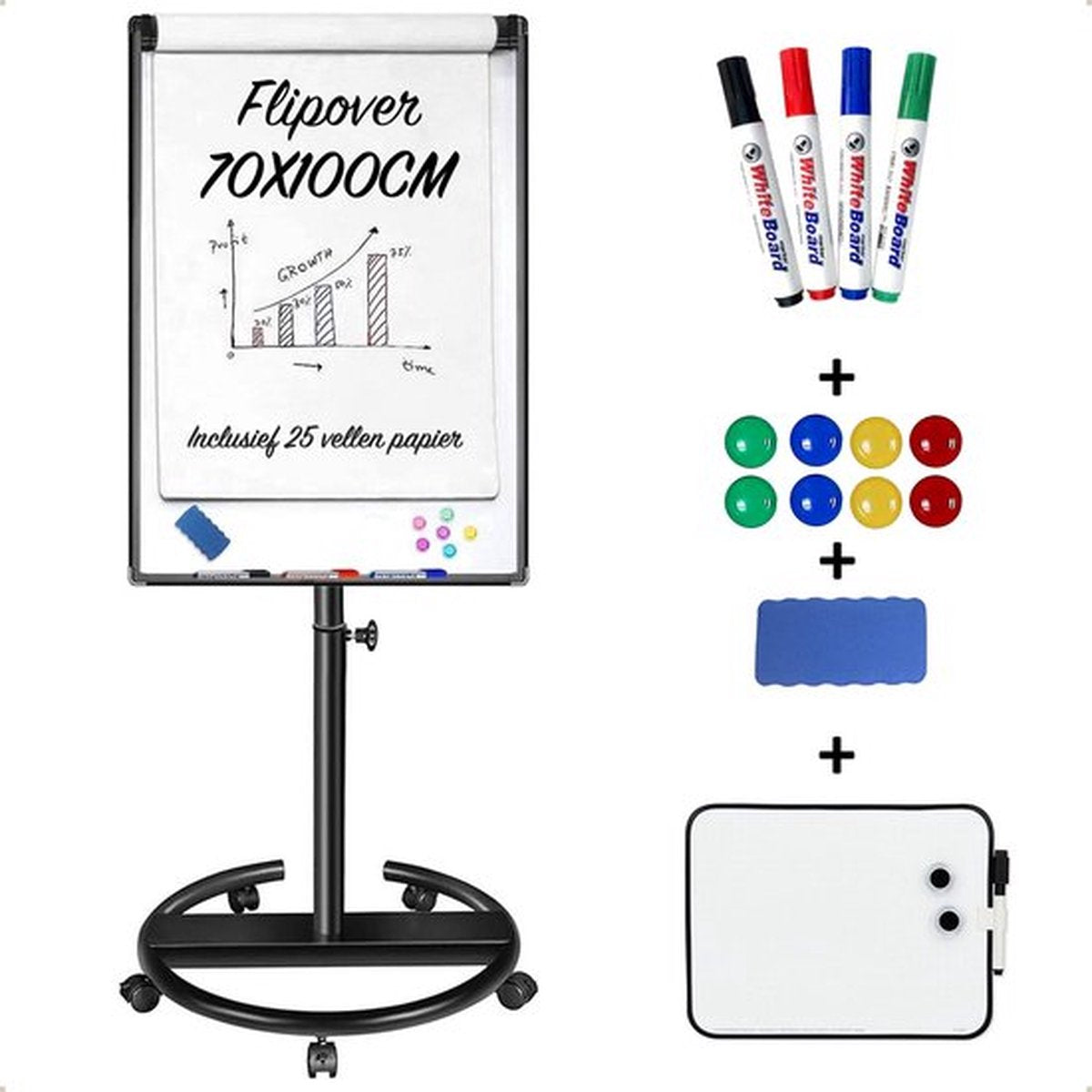 Livista Flipover Verrijdbaar 70x100cm - Stiften, Marker, Magneten en Mini whiteboard - Magnetisch Whiteboard - Verstelbaar Bord van 172 tot 215 cm - Met Uitschuifbare Armen