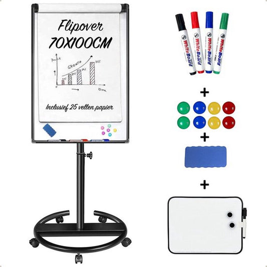Livista Flipover Verrijdbaar 70x100cm - Stiften, Marker, Magneten en Mini whiteboard - Magnetisch Whiteboard - Verstelbaar Bord van 172 tot 215 cm - Met Uitschuifbare Armen