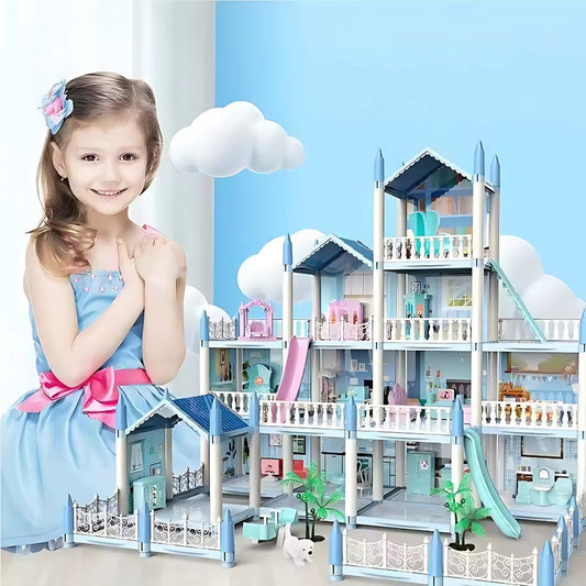 Livista Poppenhuis - Kasteel Speelset- met Meubel en Kleurenlicht Accessoires - Gift Speelgoed voor Jonge Meisjes Vanaf 3 jaar - Blauw