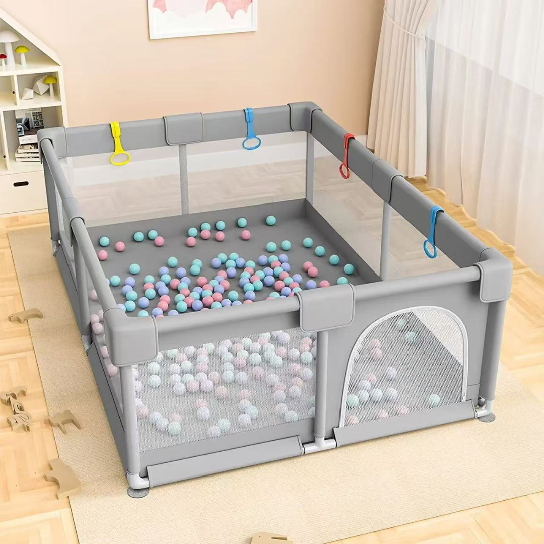 Livista Grondbox - Speelbox - Baby boxen - Kruipbox voor Baby - Playpen - Kinderbox - Met 4 optrek-handringen + 60 speelballen - Met trekring - 120 x 180 x 65cm - Grijs