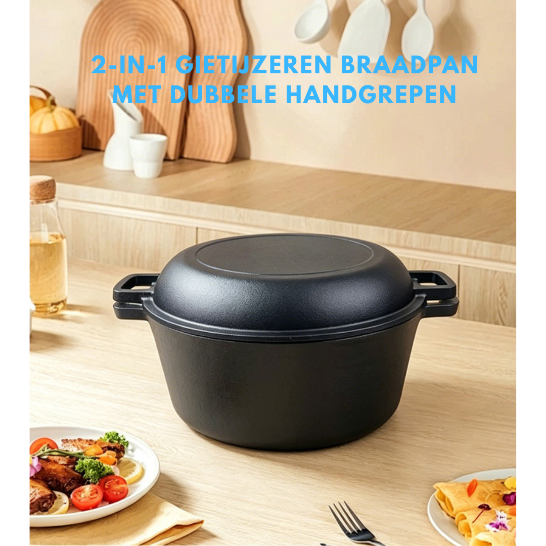 Livista Gietijzeren Braadpan - Ø26 cm - Dutch Oven 4,5L - 2-in-1 Gietijzeren Pan met Koekenpan Deksel - Geschikt voor Inductie, Gas, Oven & Keramisch - Zwart