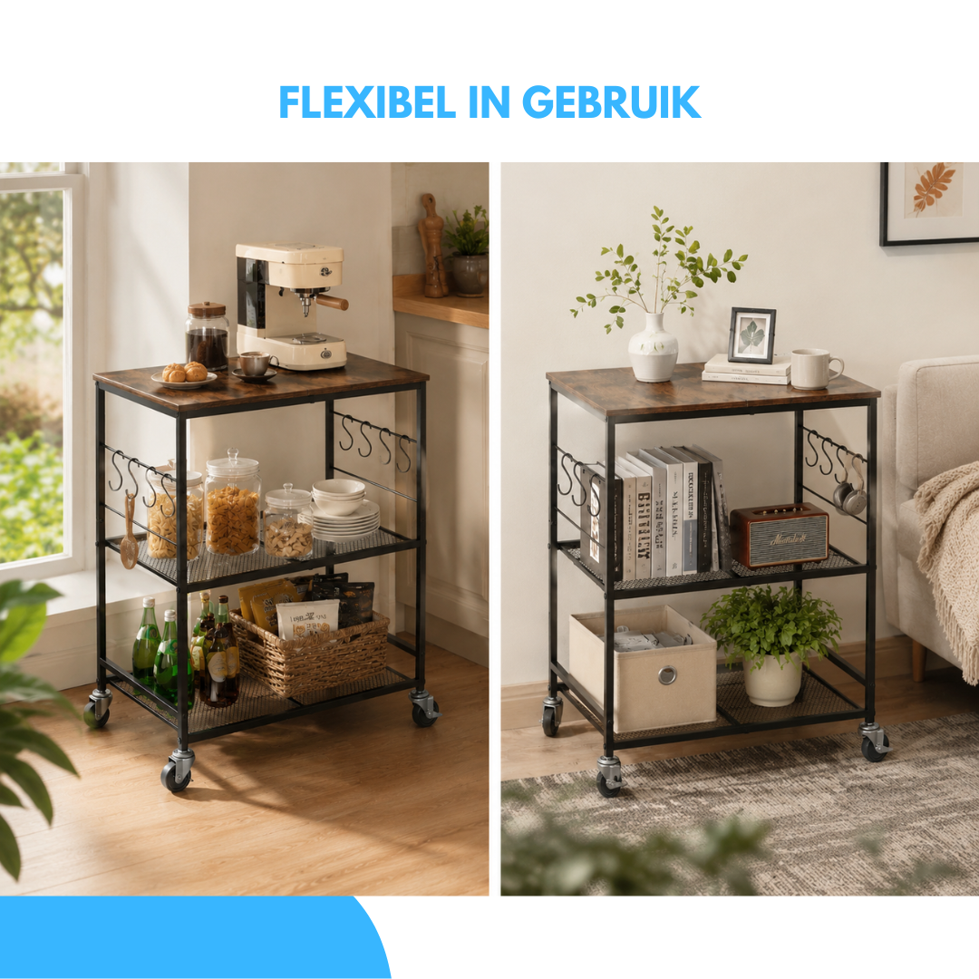 Livista Keukentrolley – Keukenrek met Wielen – 60x40x75cm – Magnetronrek & Keuken Organizer – 3 Laags Opbergrek – Met 6 Haken – Industrieel – Zwart/Hout