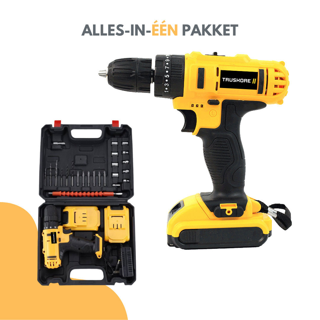 Truskore Draadloze Accuboormachine – Compacte Elektrische Boor & Schroevendraaier – Inclusief 2 Oplaadbare Batterijen – Ideaal voor Klusjes in en om het Huis – Boormachine - Boorhamer - Met Gereedschapsset – Geel