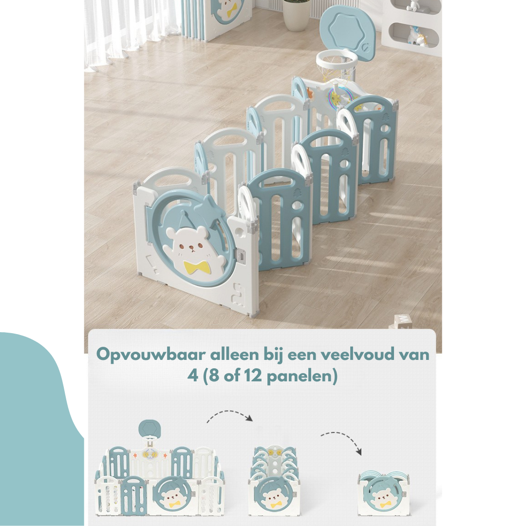 Livista Grondbox Baby –187x150x61cm – 14+2 Panelen – Inklapbare Speelbox met Beren-Thema – Verstelbare Basketbalring – Met Zuignappen – Inclusief Kruipmat – Veilig Kinderbox Playpen