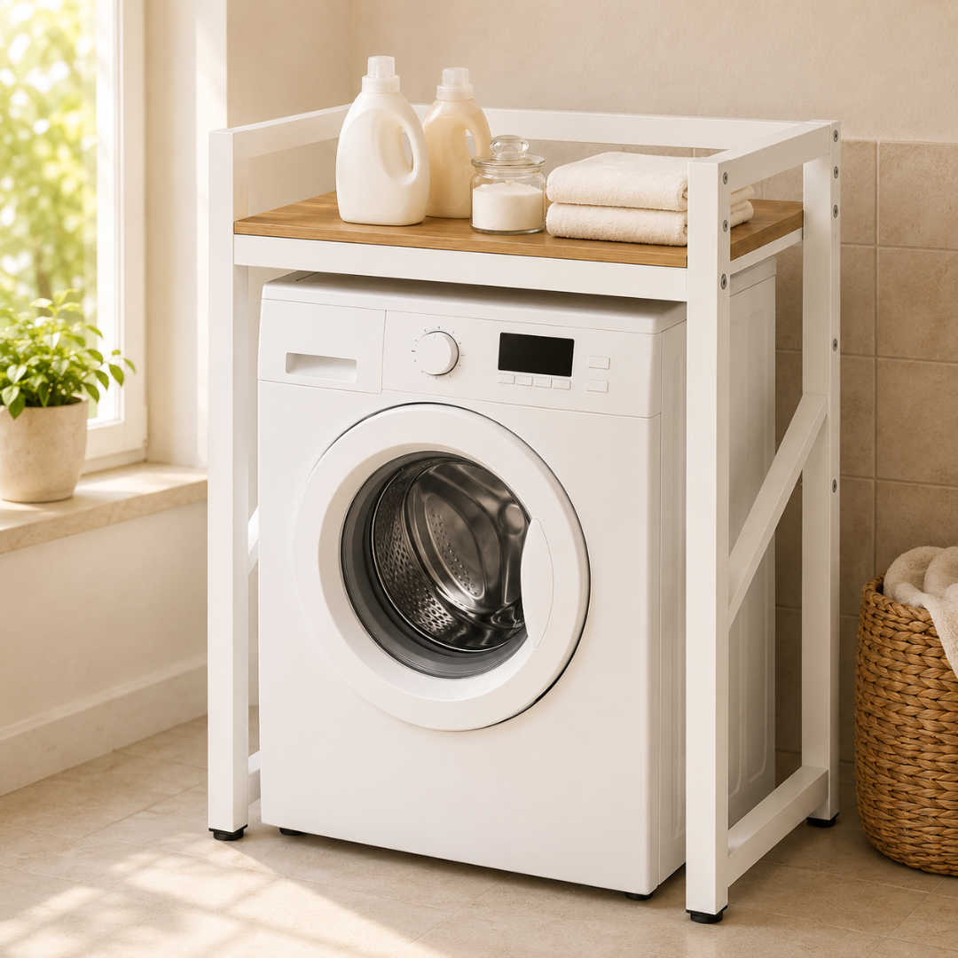 Livista Wasmachinerek - Wasmachine kast - Badkamerrek – Ruimtebesparende Wasmachine Organizer – Stalen Frame – 3 Hoogtestanden – Water-, Kras- en Hittebestendig Werkblad – Antislip Voetjes – 200 kg Draagvermogen - Wit/Hout
