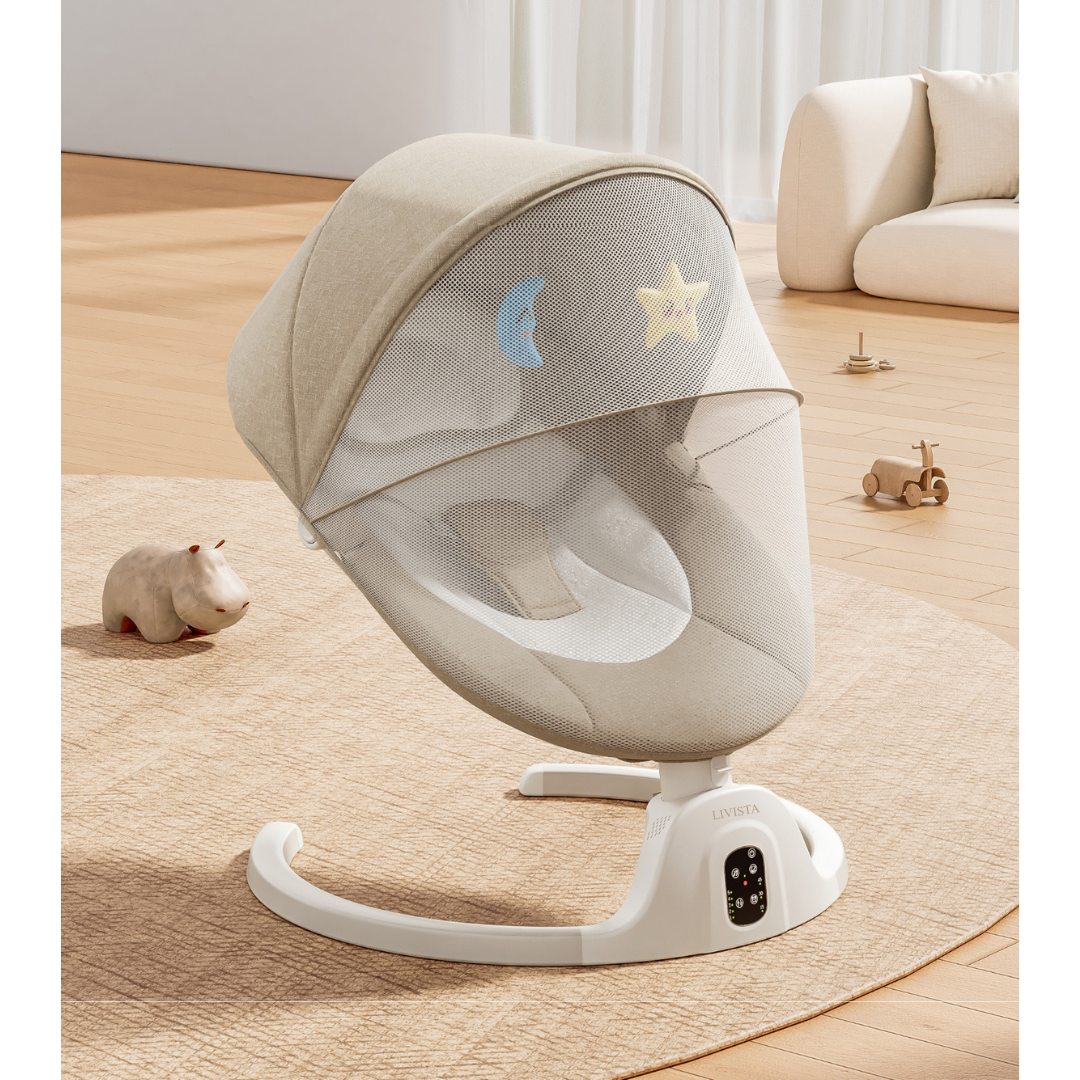 Livista Elektrische Wipstoel Baby – Babywipstoel – Met Afstandsbediening – 5 Schommelstanden – 3 Verstelbare Rugstanden – Timer – Baby Schommelstoel – LED Touchpaneel – Met Muskietennet – Lichtbruin