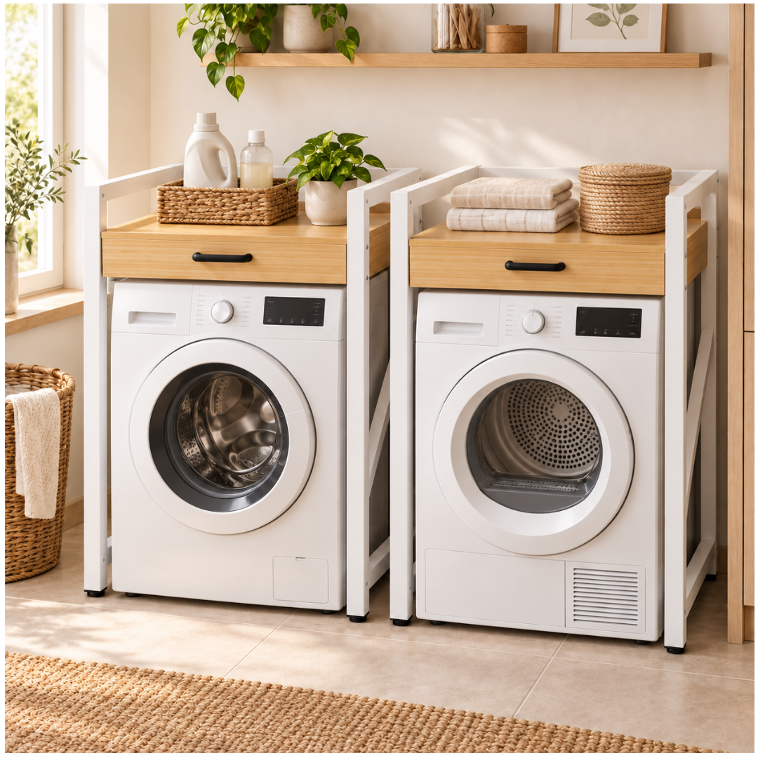 Livista Wasmachinerek - Wasmachine kast - Badkamerrek – Ruimtebesparende Wasmachine Organizer – Stalen Frame – 3 Hoogtestanden – Water-, Kras- en Hittebestendig Werkblad – Antislip Voetjes – Uitschuifbare Hangstang - 200 kg Draagvermogen - Wit/Hout