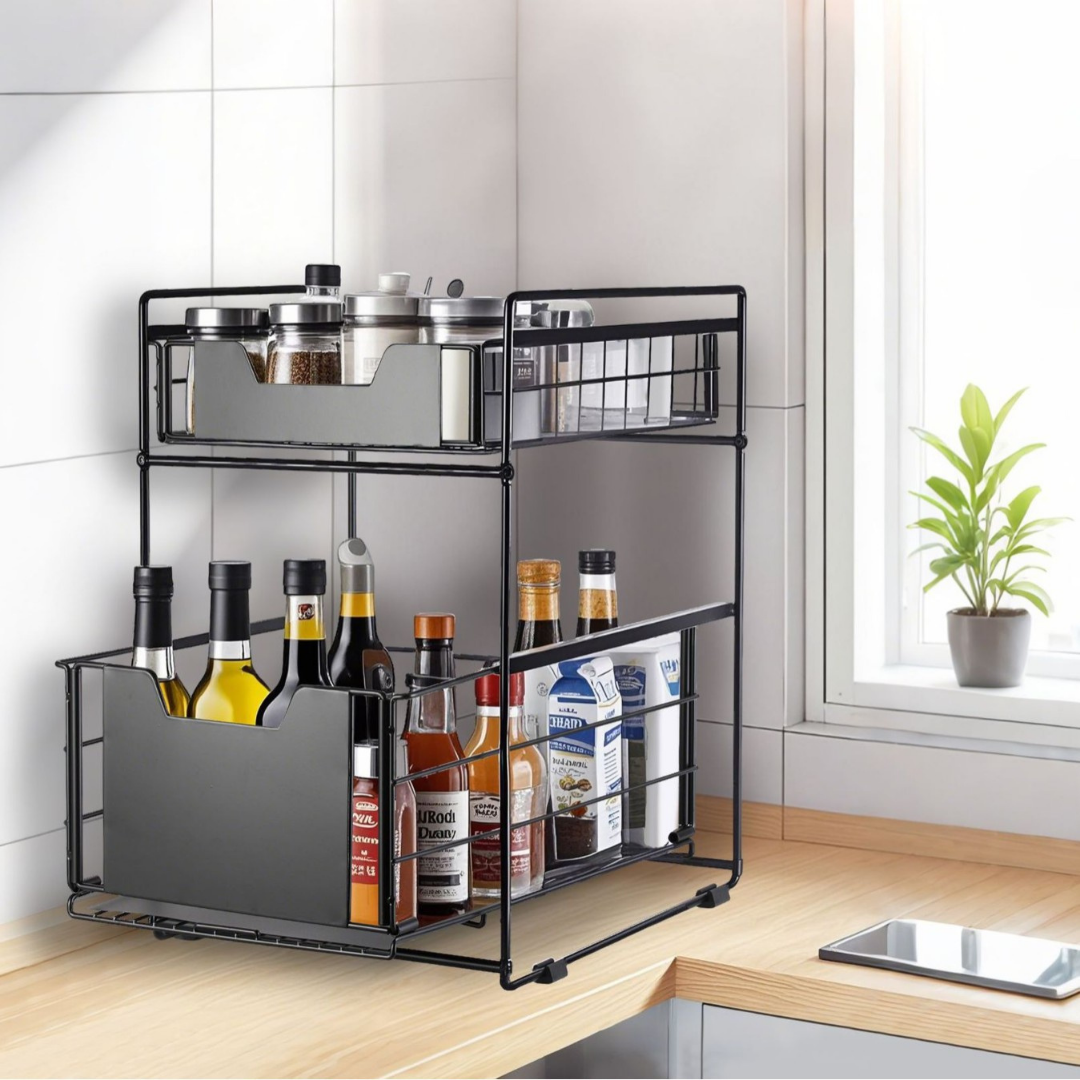 Livista Uittrekbare Organizer – Dubbele Lades – Antislip – Metalen Opbergrek – voor Keuken, Badkamer, Kast en Werkblad – Zwart
