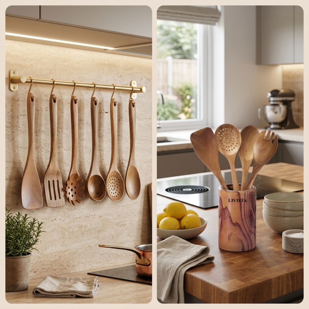 Livista Houten Keukengerei Set - 8-Delig - Met Houten opbergbeker - Acaciahout - Krasvrij & Ophangbaar