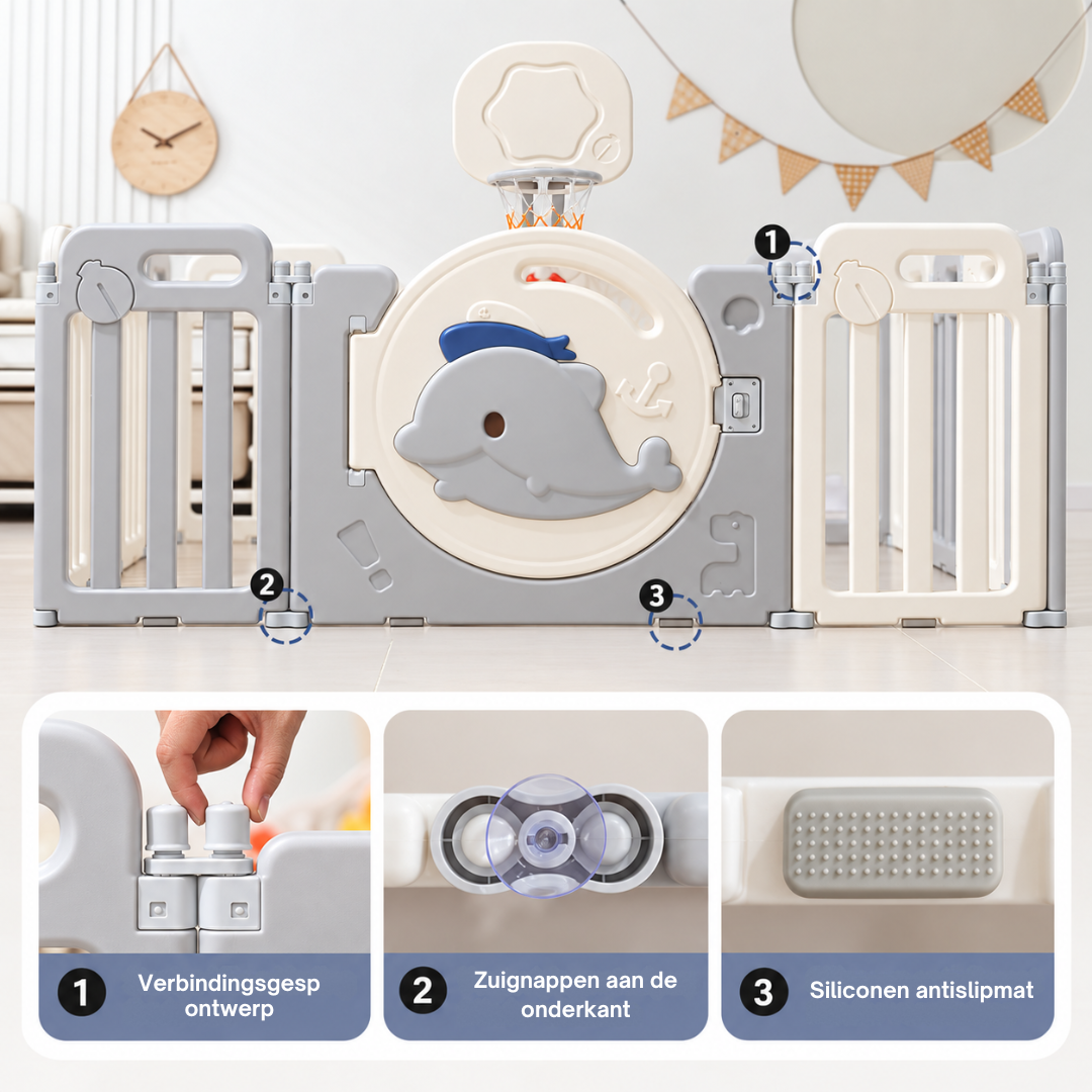 Livista Grondbox Baby –156x156x61cm – Inklapbare Speelbox met Walvisthema – 12+2 Panelen – Verstelbare Basketbalring – Met Zuignappen – Inclusief Kruipmat – Veilig Kinderbox Playpen