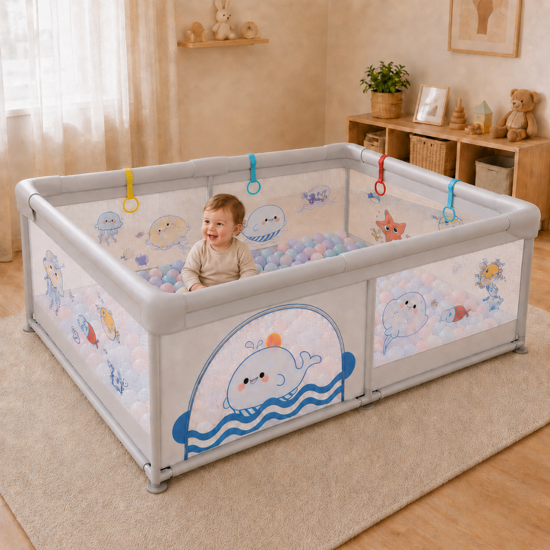 Livista Grondbox Baby - Binnenmaat 120x180cm - Inclusief Kruipmat - Met 60 Speelballen, 4 Trekringen - Met Walvisthema - Kinderbox - Speelbox - Playpen - Met Draagtas - Grijs
