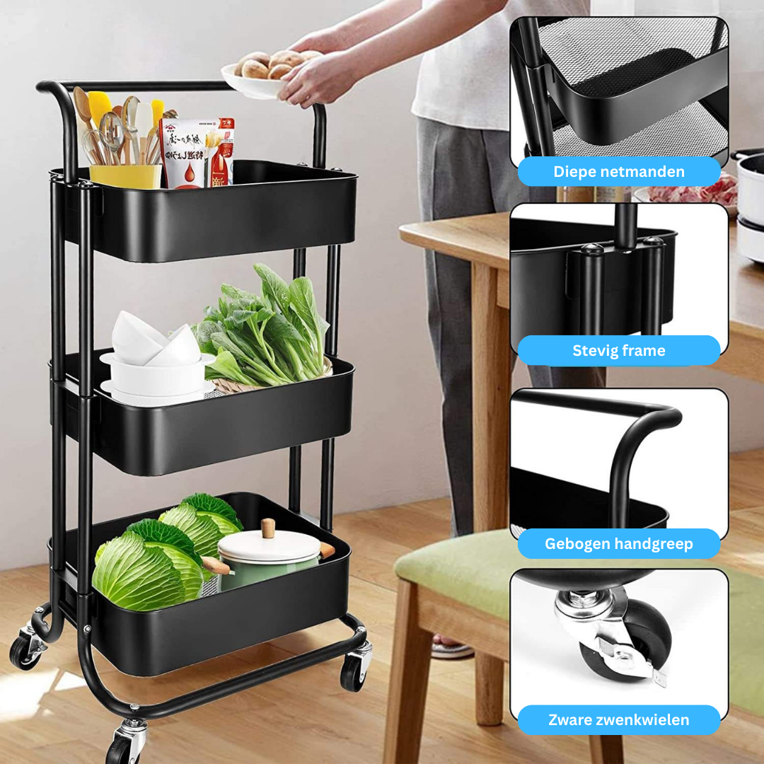 Livista Opbergtrolley met Wielen – 3-Laags Metalen Opbergwagen –met 3 Hangmanden – Multifunctioneel– Zwart