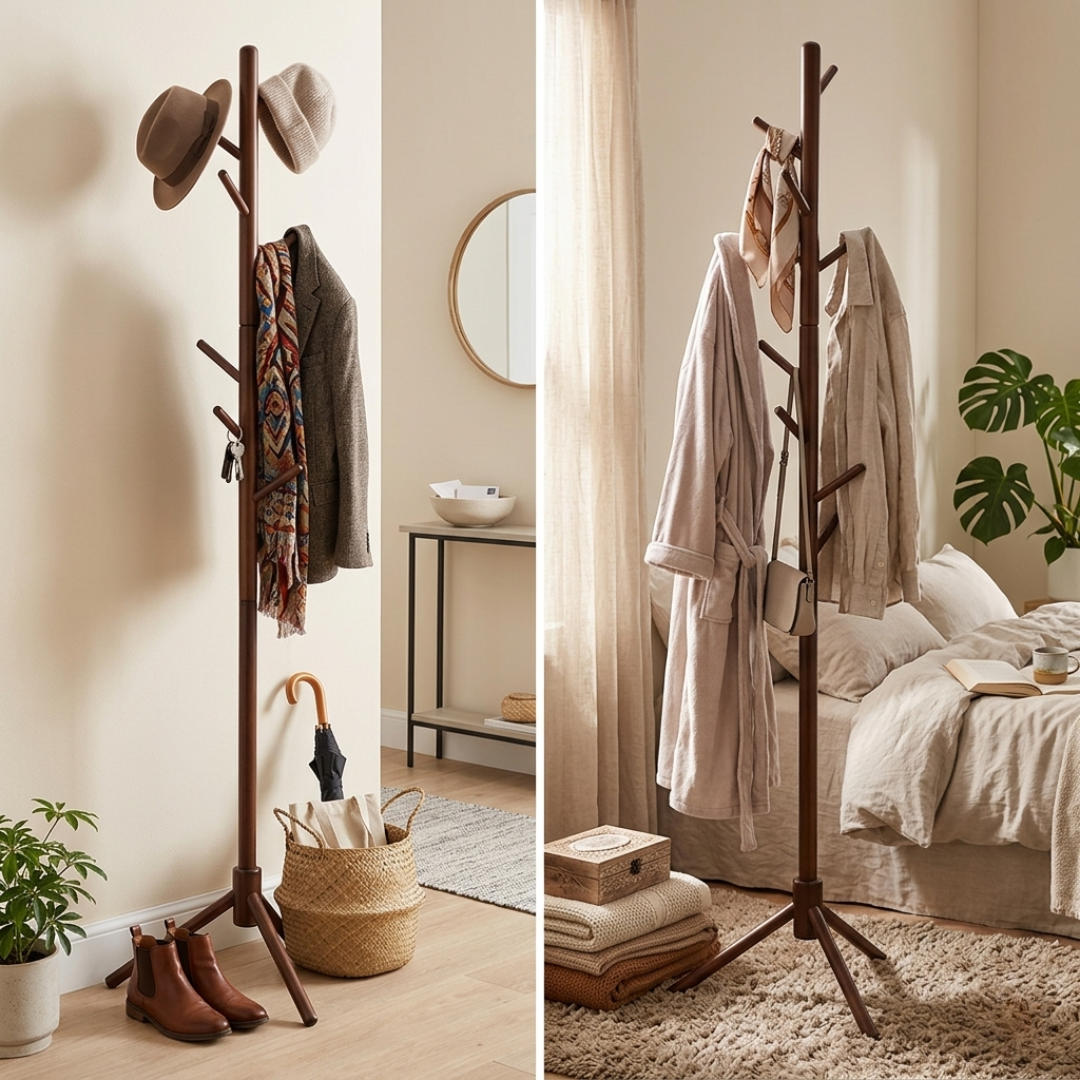 Livista Kapstok Staand – Houten Kapstok – met 8 Haken – Beukenhout – 175 cm – Bruin