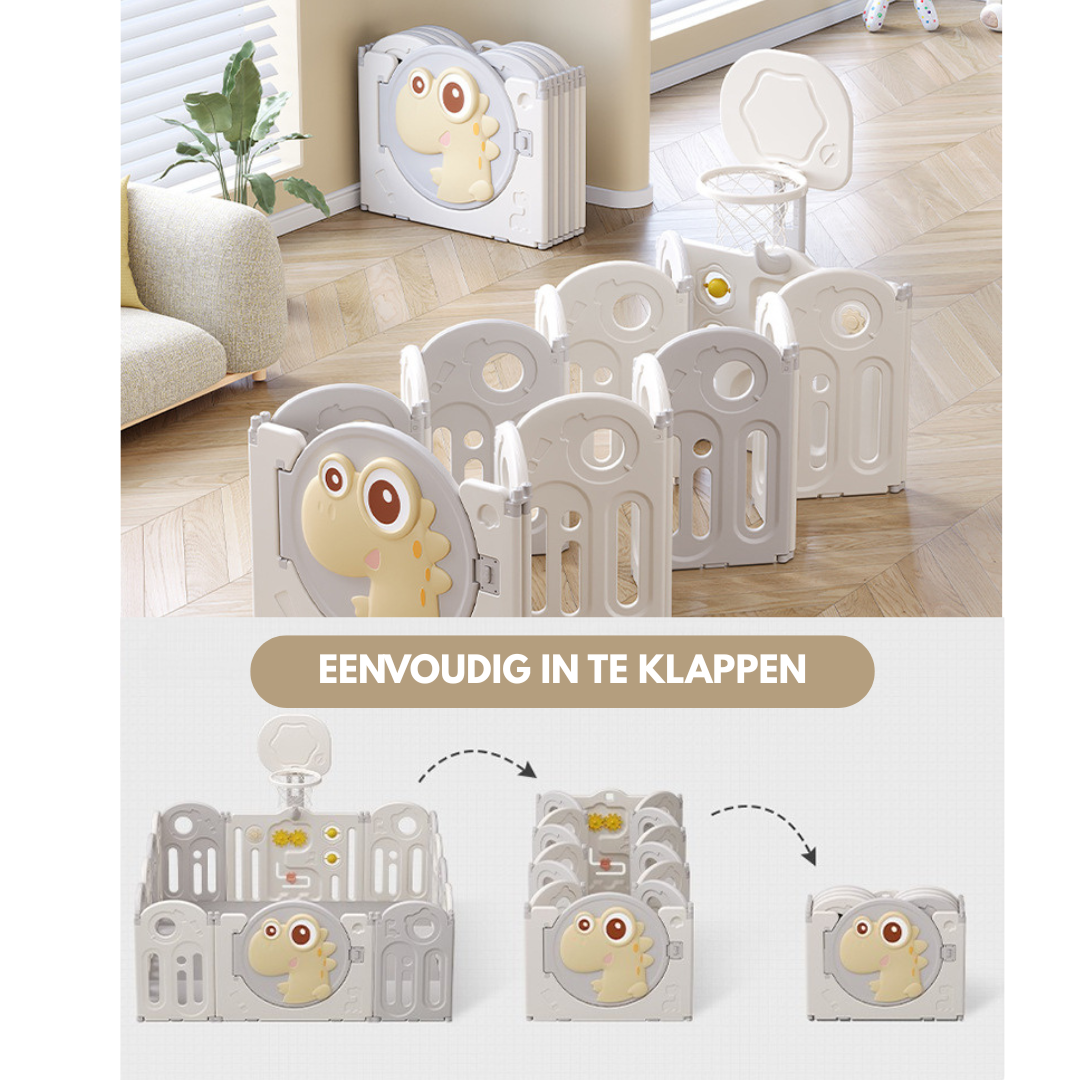 Livista Grondbox Baby –156x156x61cm – 12+2 Panelen – Inklapbare Speelbox met Dinosaurus-Thema – Verstelbare Basketbalring – Met Zuignappen – Inclusief Kruipmat – Veilig Kinderbox Playpen