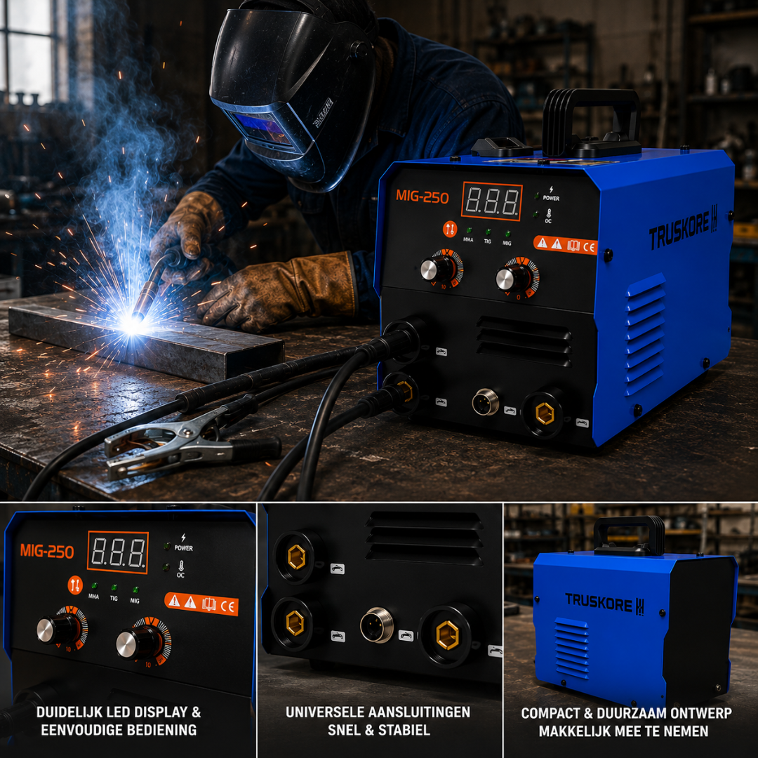 TRUSKORE MIG-250 Lasapparaat – 3-in-1 MIG/MMA/Lift TIG – 20-120A – Meerproceslaser– IGBT Inverter – Compact Inverter Lasmachine – LED Display – Blauw
