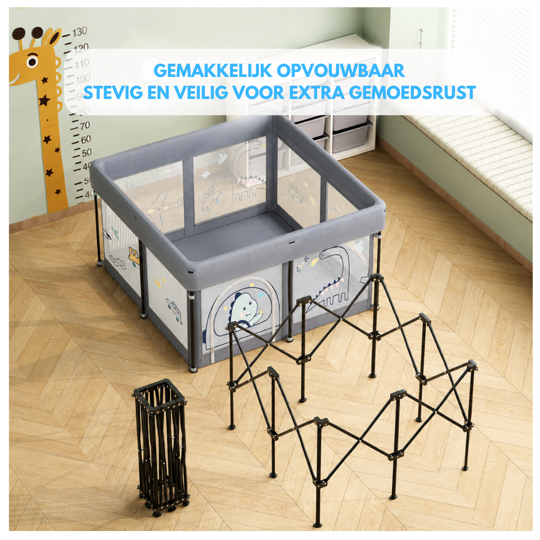 Livista Baby Grondbox – Opvouwbaar Babybox – 120x120x65 cm – Speelbox – Inclusief Speelmat, 60 Ballen en 4 Trekringen – Opbergtas – Ademend & Transparant Gaas – Compact Inklapbaar – Grijs