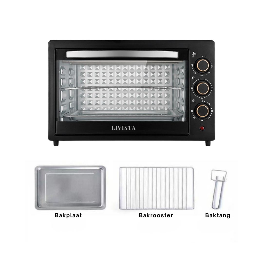 Livista® Vrijstaande Oven – 48L – Dubbele Verwarming – 120–250 °C – RVS Binnenkant – Gehard Glas – Perfect voor Bakken, Braden en Grillen
