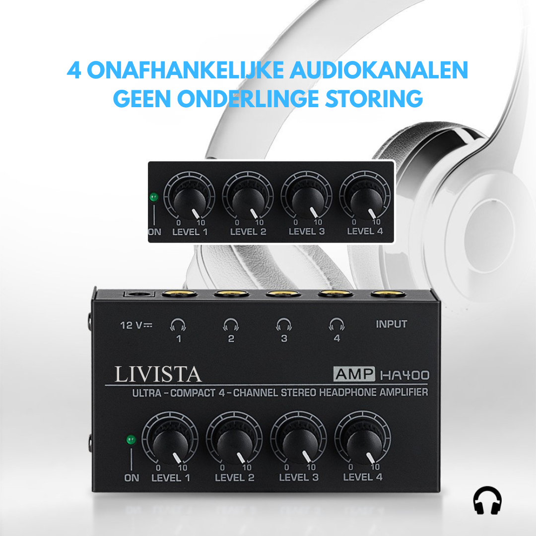 Livista Audio Versterker 4 Kanaals – Hoofdtelefoonversterker – Audio Splitter 4 Weg – 6,35 mm Jack – Microfoon & Instrument Versterker – Studio Audio Hub