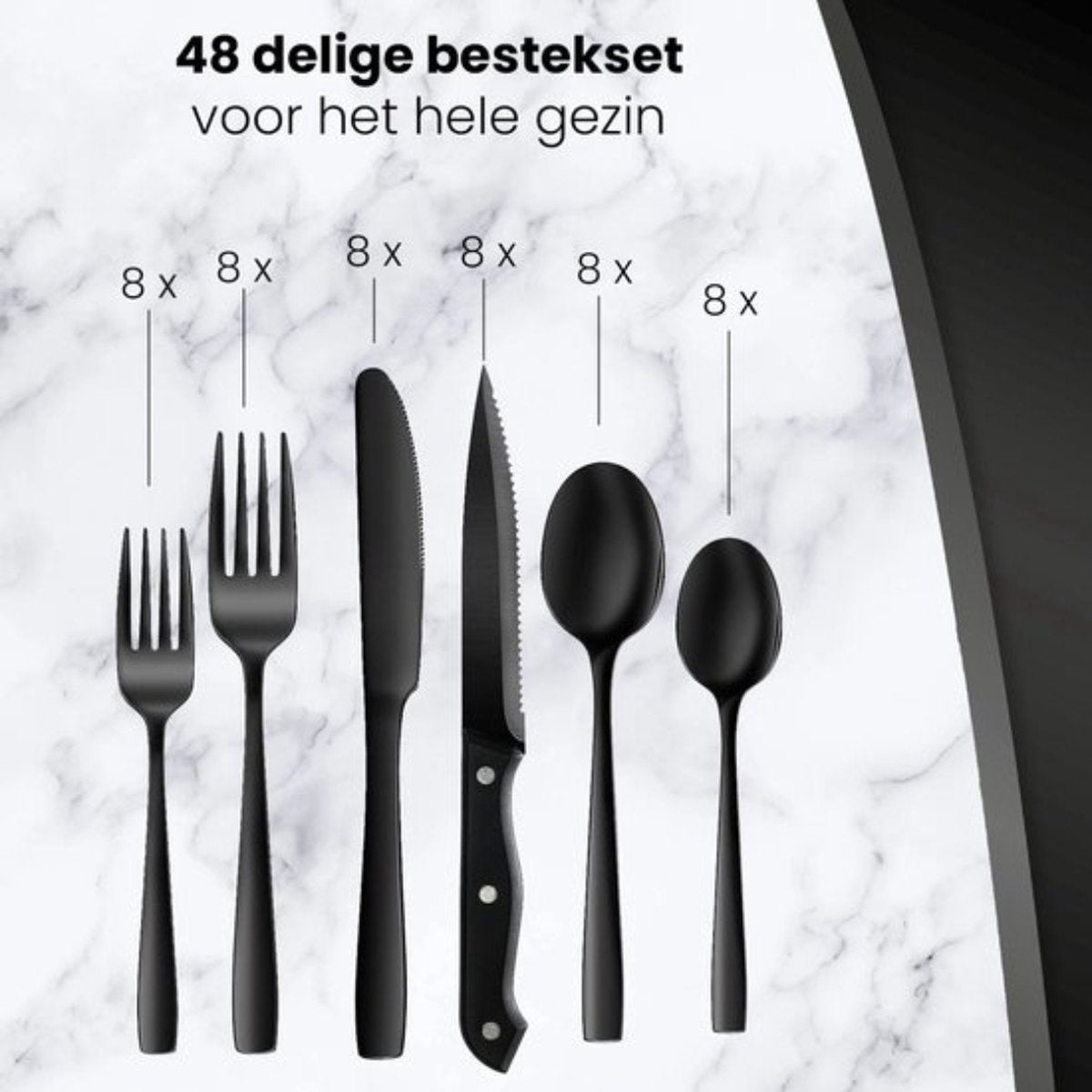 Livista Bestekset - Bestek - 48 Delig - Roestvrijstaal - Vaatwasserbestendig - Messen - Vorken - Lepels - Steakmessen - Eetgerei - Zwart