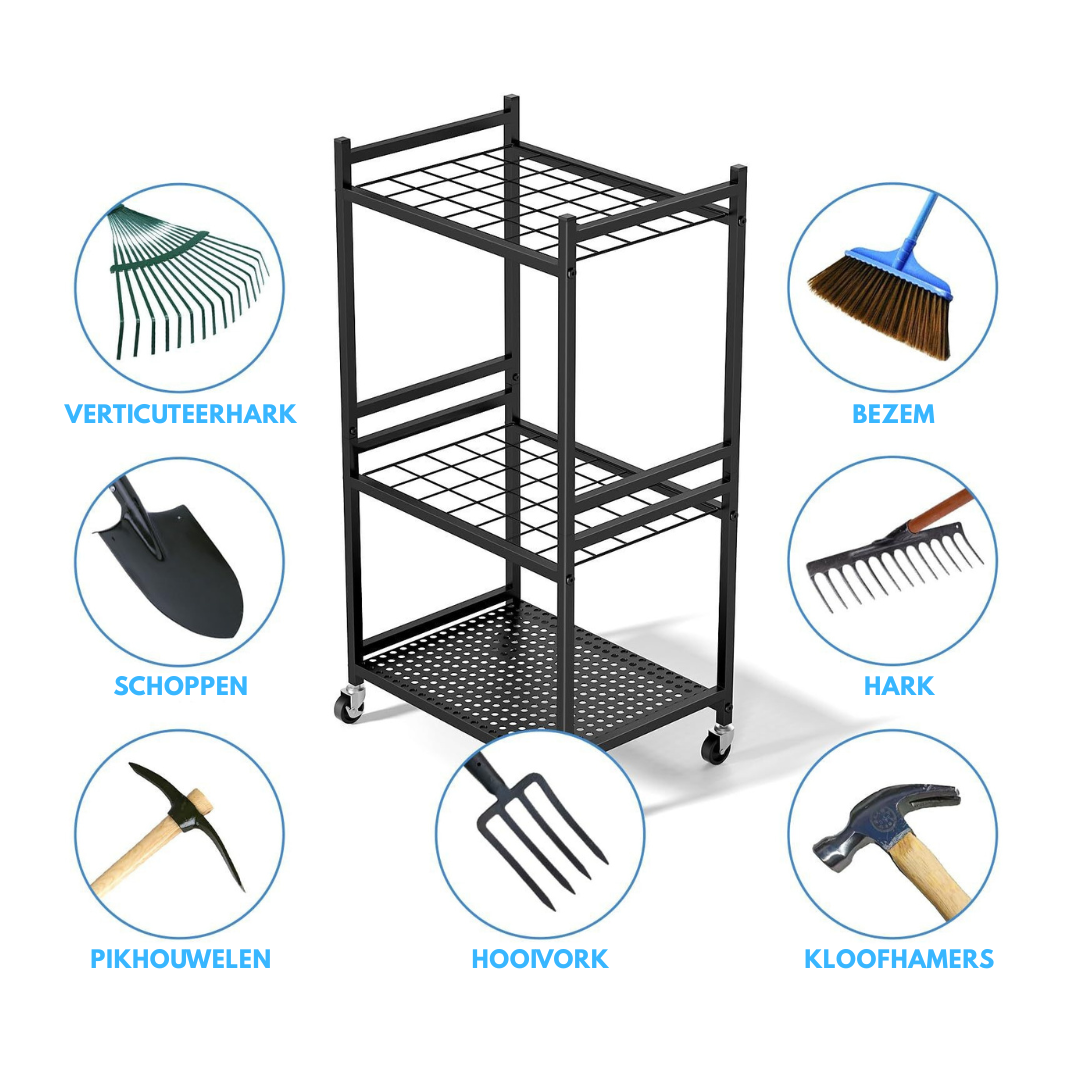 Livista Verrijdbaar Gereedschapsrek – Gereedschap Organizer voor Tuingereedschap – Max. 53 kg – Verplaatsbare Haken – 360° Wielen – voor Garage, Schuur en Berging
