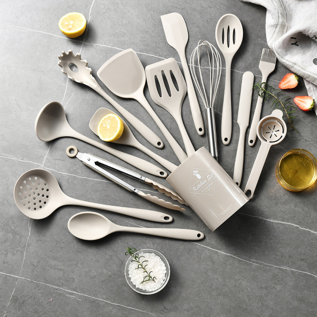 Livista Siliconen Keukengerei Set – 15-delig met Houder – BPA-vrij – Hittebestendig – Geschikt voor Alle Pannen – Vaatwasbestendig – Beige