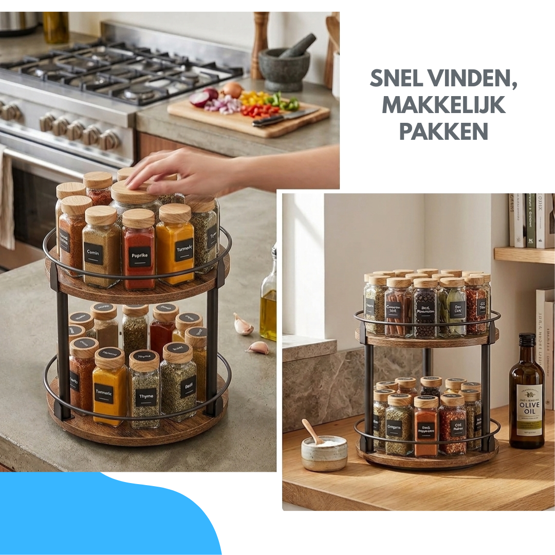Livista Draaibaar Kruidenrek – 2 Lagen – Kruiden Organizer – Met 360° Rotatie – Keuken Organizer – Zwart/Hout
