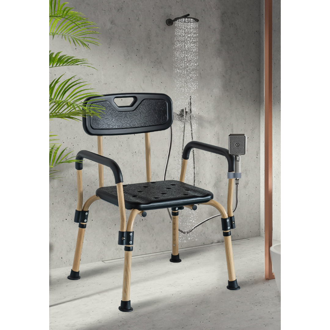Livista Douchestoel - Verstelbare Hoogte 74-87cm - Geïntegreerde Douchekruk - Max. 150KG - Met Rugleuning en Armleuningen - Inclusief Douchekophouder - Antislippoten - Zwart/Houtnerf
