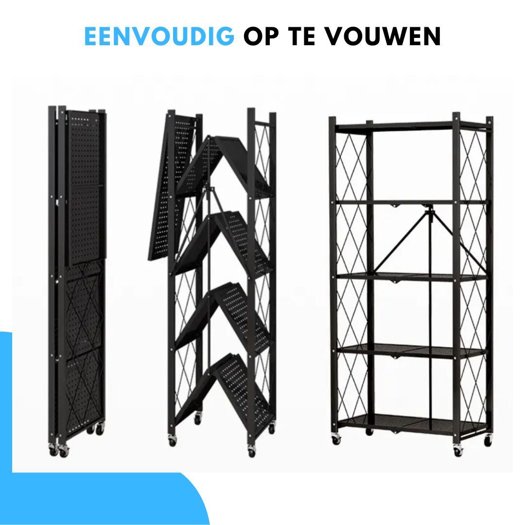 Livista Inklapbare Stellingkast – 5-laags – Met 360° wielen – Open Vakkenkast – Duurzaam Metaal – Ruimtebesparend – H160 x B71 x D38 cm – Max 20 kg per Plank – Zwart