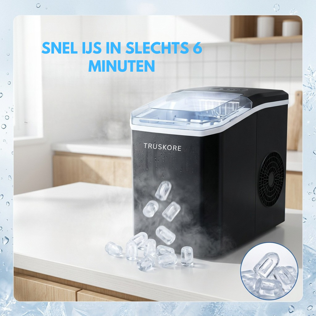 Truskore IJsblokjesmachine – IJsblokjesmakers – Snel IJs in Slechts 6-8 Minuten – 1,5L Waterreservoir – 2 IJsblokjesformaten – Compact & Stil – Zwart