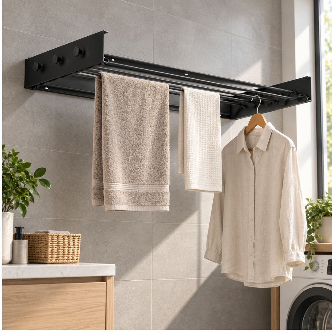 Livista Wanddroogrek Inklapbaar – Opvouwbaar Wasrek voor Wandmontage – Stevig en Ruimtebesparend – Voor Binnen & Buiten– 100x50x10,5 cm – Met 6 Haken – Zwart