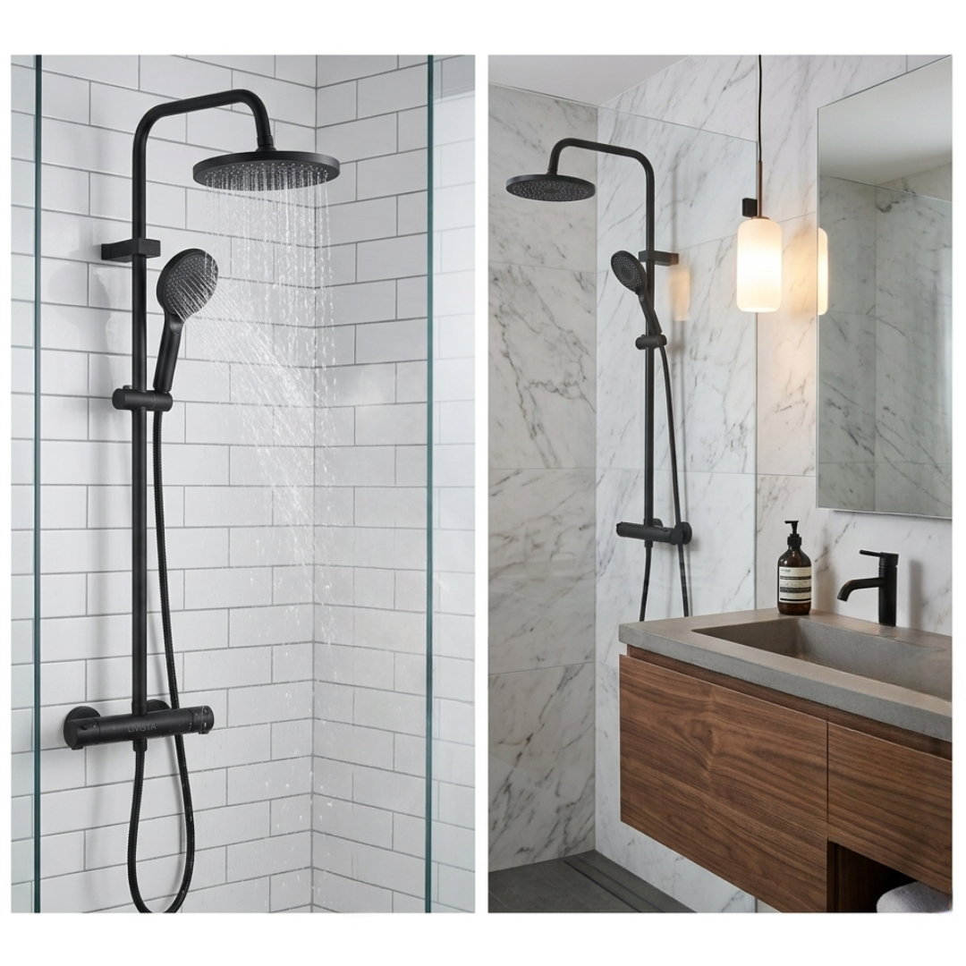Livista Regendouche Set – Met Thermostaatkraan – Regendouche & Handdouche – 38°C Messing Thermostaatkraan – Douchekolom Wandmontage – Zwart