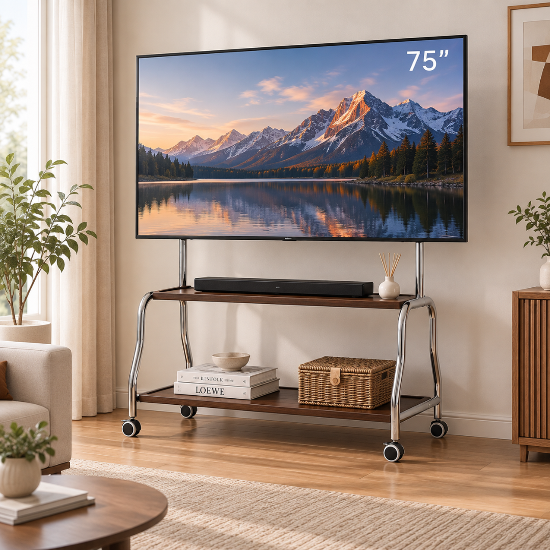 Livista Mobiele TV Standaard – Verrijdbaar TV Meubel – Dubbele Houten Planken – Geschikt voor 32-75 Inch TV – Max. 50 kg – Stalen Frame