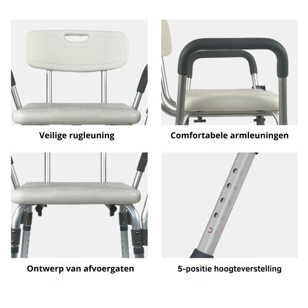 Livista Douchestoel - Verstelbare Hoogte 74-88cm - Geïntegreerde Douchekruk - Max. 150KG - Met Rugleuning en Armleuningen - Antislippoten - Wit