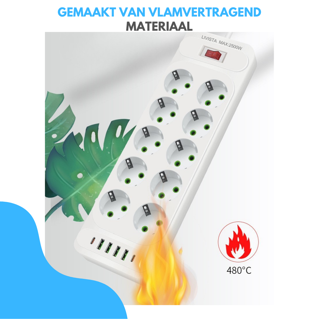 Livista Stekkerdoos – met Schakelaar 16-voudig – 2 Meter Verlengsnoer – 2500W– USB & USB-C – Overspanningsbeveiliging – Wit