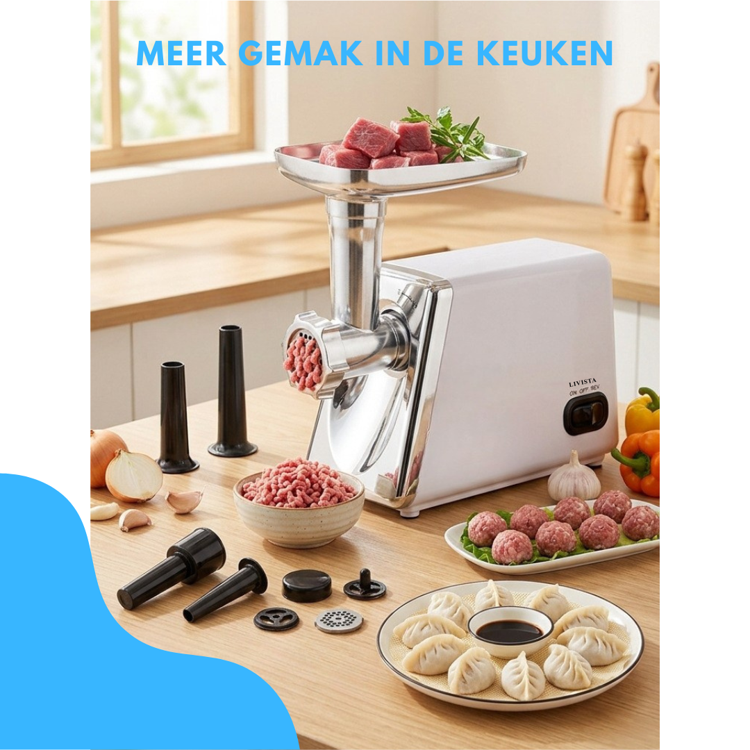 Livista Elektrische Vleesmolen - 2500W - Gehaktmolen 3 kg/min - 3 Snijplaten - Reverse Functie - RVS Vulbak 2L - Met Worstvuller & Accessoires - Wit