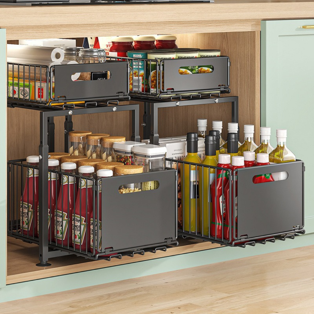Livista Uittrekbare Organizer – In hoogte verstelbaar – 2-laags Opbergrek – voor Keuken, Badkamer & Kast – Max. 10 kg – Gladde Glijdende Lades – Antislip – Zwart
