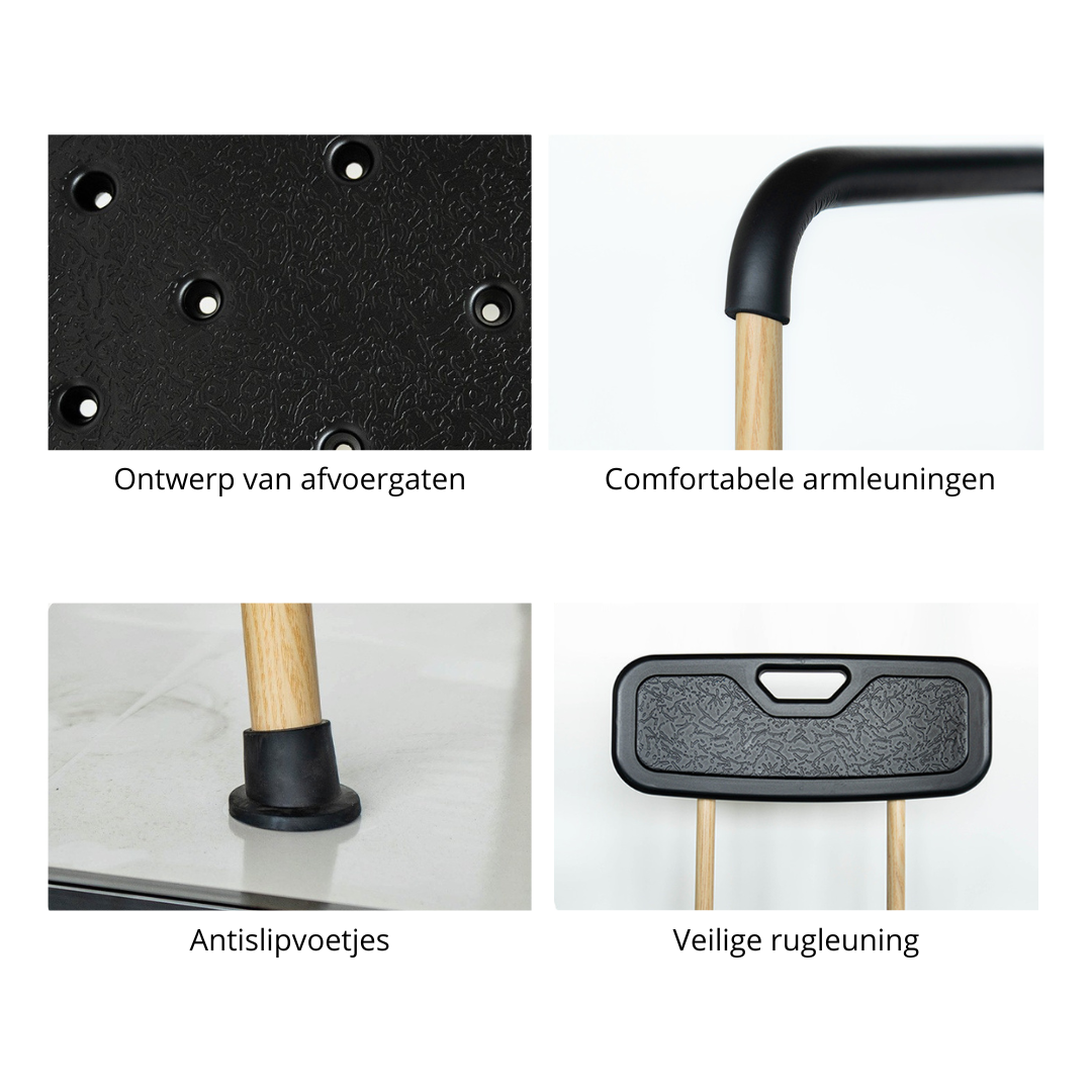 Livista Douchestoel - Verstelbare Hoogte 74-87cm - Geïntegreerde Douchekruk - Max. 150KG - Met Rugleuning en Armleuningen - Inclusief Douchekophouder - Antislippoten - Zwart/Houtnerf