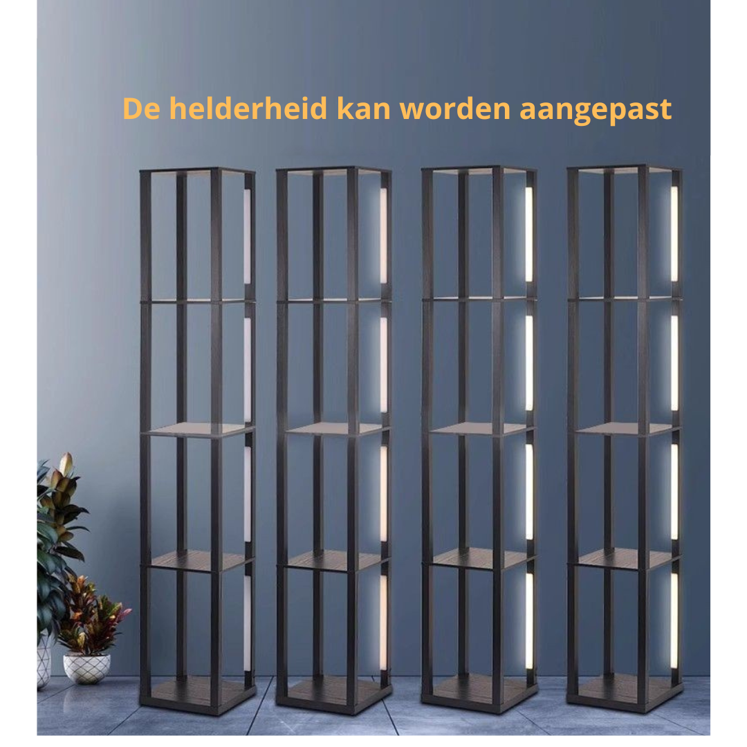Livista® Staande Lamp – Dimbare LED Verlichting – Met Voetschakelaar – 4 Open Planken – Modern & Functioneel – 163 cm Hoog – Zwart – Perfect voor Woonkamer, Slaapkamer of Kantoor