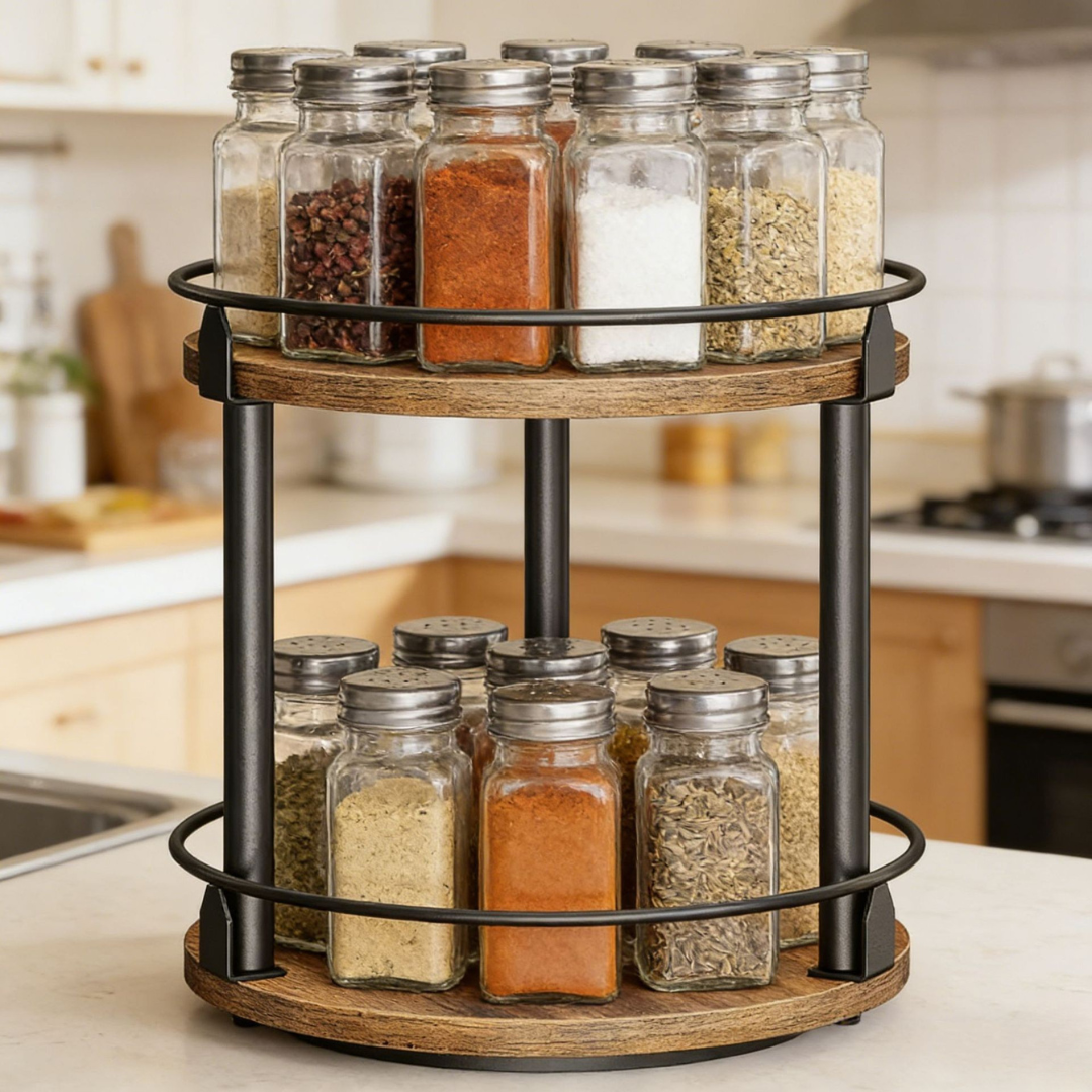 Livista Draaibaar Kruidenrek – 2 Lagen – Kruiden Organizer – Met 360° Rotatie – Keuken Organizer – Zwart/Hout