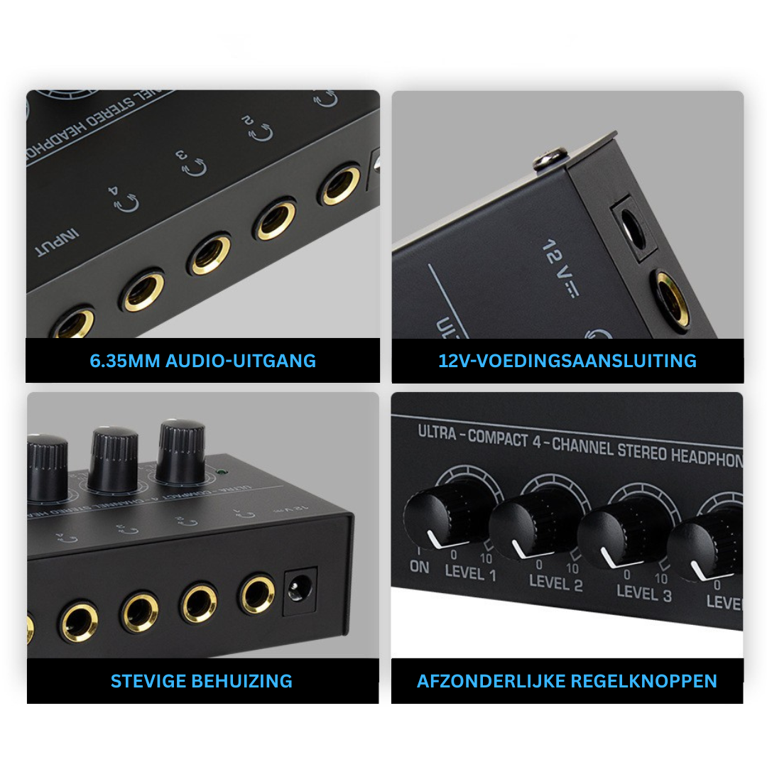 Livista Audio Versterker 4 Kanaals – Hoofdtelefoonversterker – Audio Splitter 4 Weg – 6,35 mm Jack – Microfoon & Instrument Versterker – Studio Audio Hub