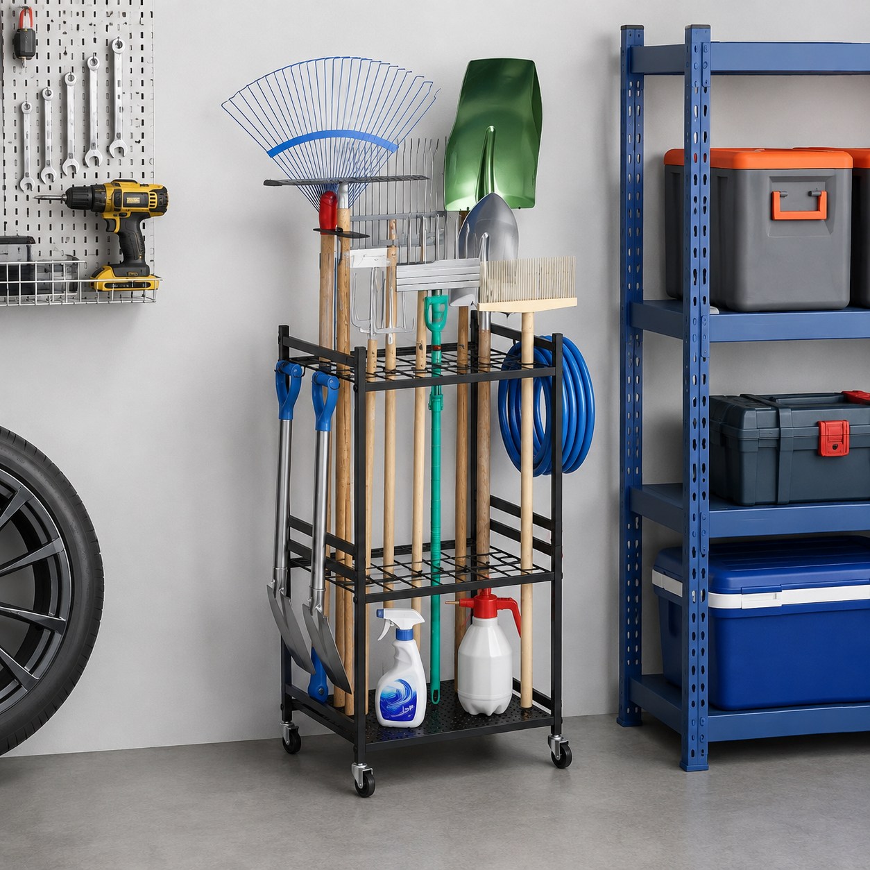 Livista Verrijdbaar Gereedschapsrek – Gereedschap Organizer voor Tuingereedschap – Max. 53 kg – Verplaatsbare Haken – 360° Wielen – voor Garage, Schuur en Berging