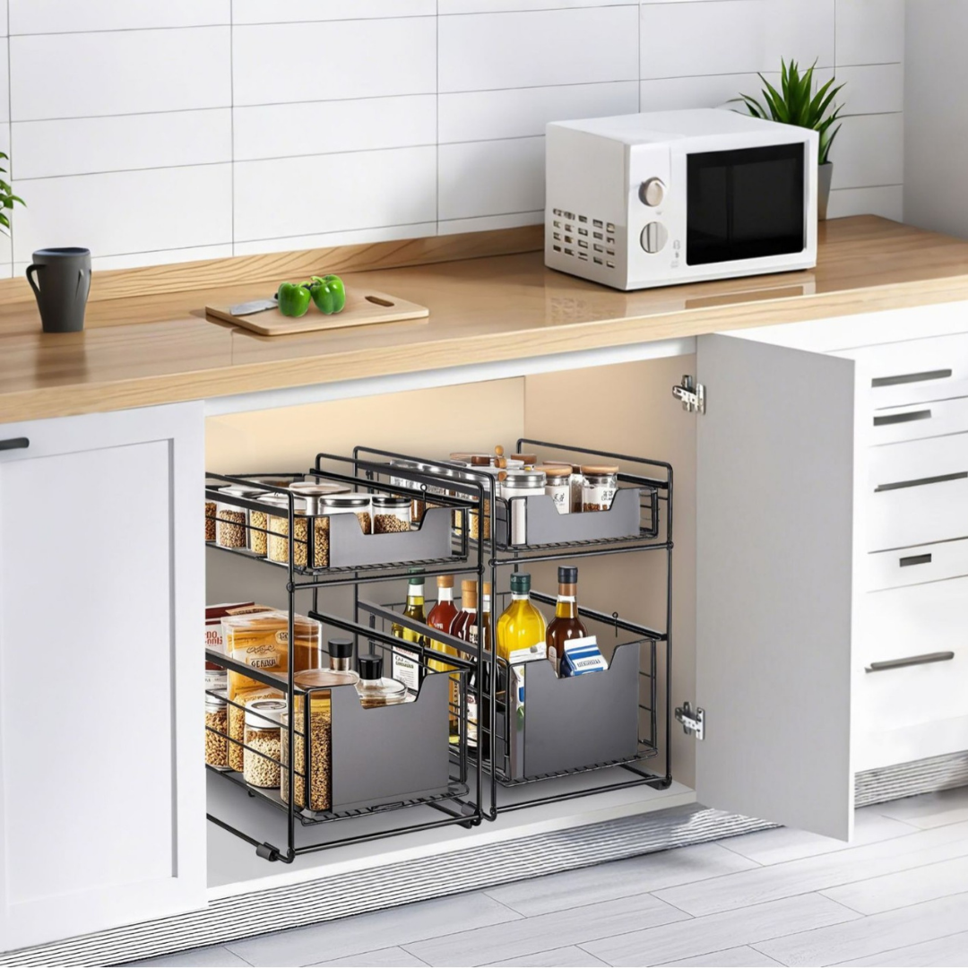 Livista Uittrekbare Organizer – Dubbele Lades – Antislip – Metalen Opbergrek – voor Keuken, Badkamer, Kast en Werkblad – Zwart