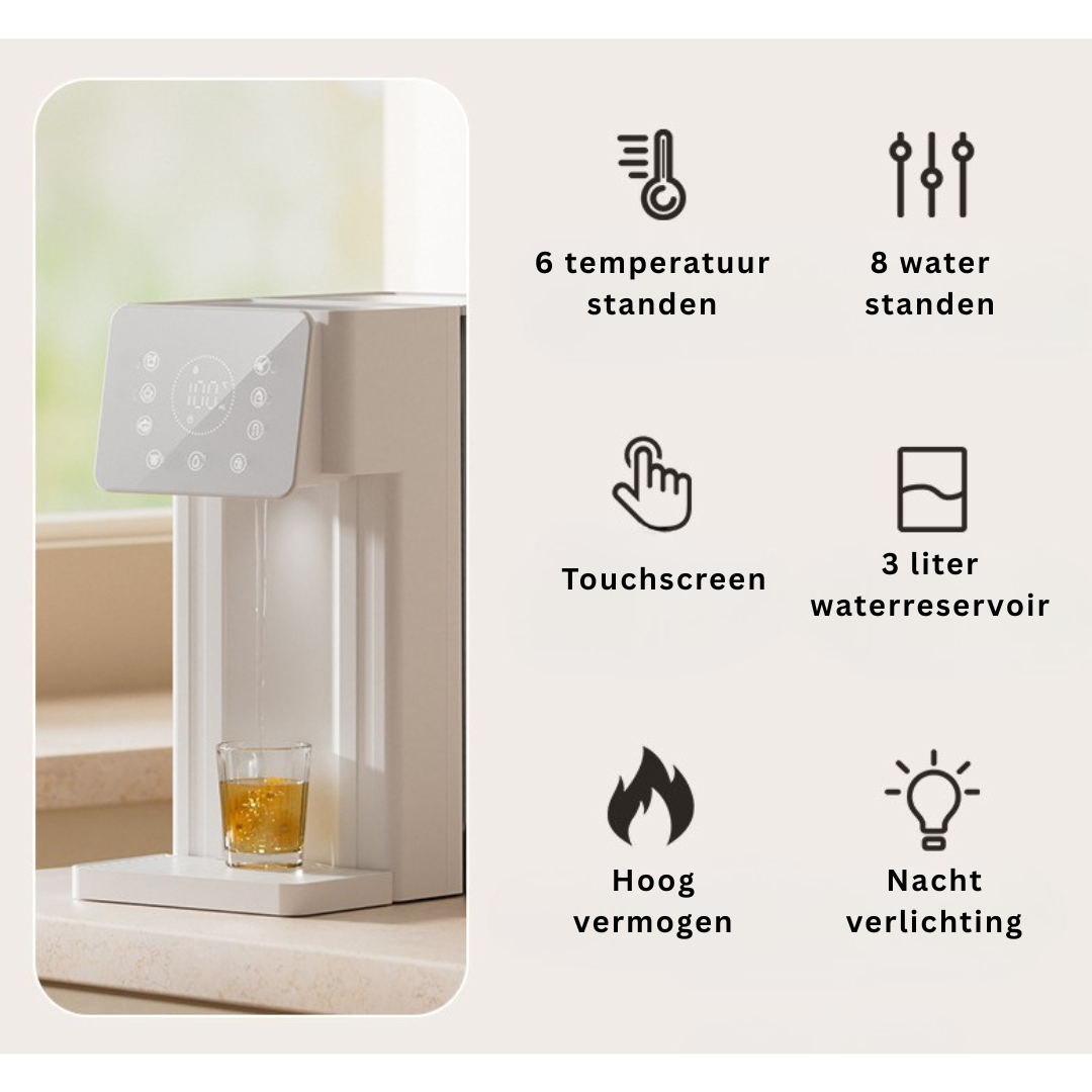Livista Instant Heetwaterdispenser – 6 Temperatuurstanden – 8 Waterhoeveelheden – 3L Afneembaar Waterreservoir – LED Touchscreen – Energiezuinig Nachtlampje – Kinderbeveiliging – Compact en Handig - Wit