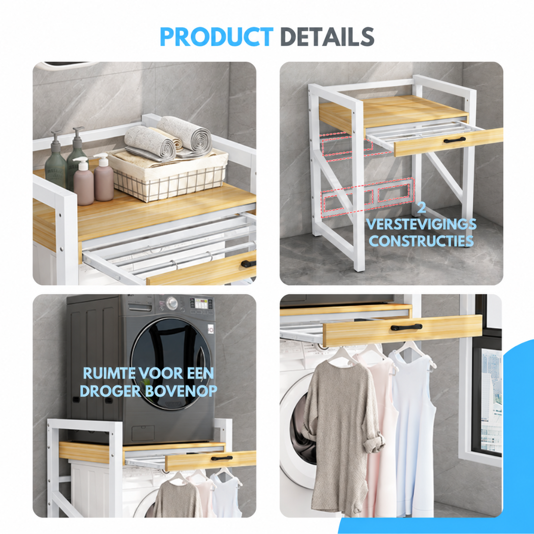 Livista Wasmachinerek - Wasmachine kast - Badkamerrek – Ruimtebesparende Wasmachine Organizer – Stalen Frame – 3 Hoogtestanden – Water-, Kras- en Hittebestendig Werkblad – Antislip Voetjes – Uitschuifbare Hangstang - 200 kg Draagvermogen - Wit/Hout